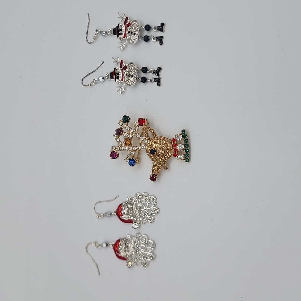 Holiday Bundle with Snowmen and Santa Earrings, Plus Sparkle Reindeer Brooch